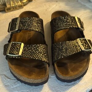 Gold snakeskin Birkenstock Arizona slides!